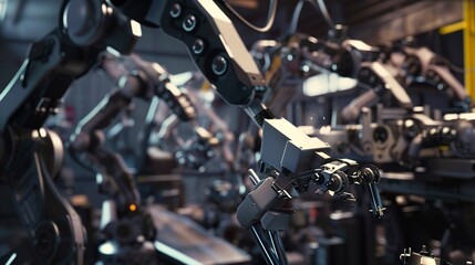 Factory floor with robotic assembly line, close view of mechanical arms, sharp focus, industrial lighting. 