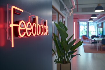 Feedbackrunde als Neon-Schriftzug an einer glatten Wand in einem modernen Büro. Symbol für Feedback, Meinungsaustausch
