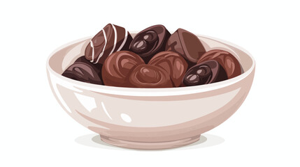 Delicious chocolate candies and prunes in bowl on white