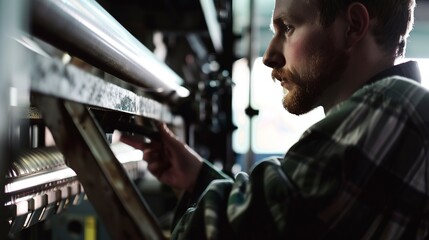 Close-up of a worker inspecting machinery, focused expression, clear detail, soft industrial lighting. - obrazy, fototapety, plakaty