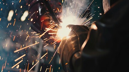 Factory worker welding metal, sparks flying, close view of helmet and gloves, intense light. - obrazy, fototapety, plakaty
