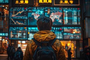 Obraz premium A person from behind looking at large stock market exchange boards with various financial data