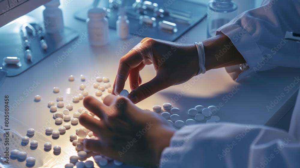 Poster Pharmaceutical technician examining pills, close-up on hands and pills, sterile environment, sharp light. 