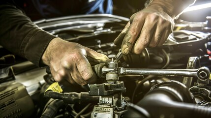 Auto mechanic tightening bolts on an engine, close-up, tools in hand, clear focus, garage lighting. 