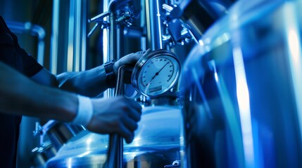 Brewery worker checking fermentation tanks, close-up on gauge and hands, cold blue light.  - obrazy, fototapety, plakaty