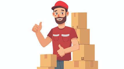 Delivery man with boxes showing thumb-up on white background