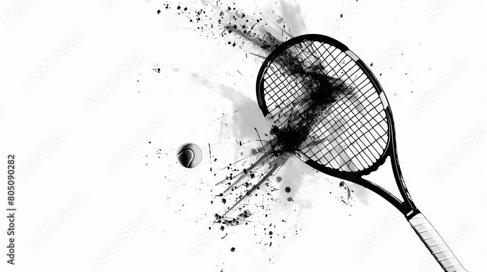 Poster design a dynamic composition capturing the motion of a tennis racket and ball as they collide in a