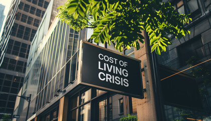 Cost of Living Crisis sign in front of a modern office building	
