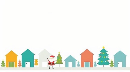 Create a lively illustration for a Christmas greeting card, depicting a cozy village adorned with twinkling lights, snow-covered