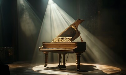 A single spotlight shines down on an empty piano on stage, Generative AI 