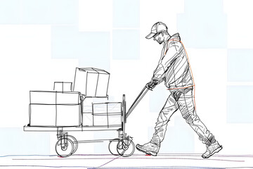 continuous single line drawing of parcel carrier or delivery driver with packages on hand truck, line art vector illustration
