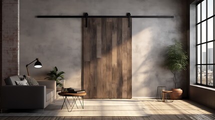 A modern barn door with sleek black hardware and a distressed wood finish, adding rustic charm to an urban loft space