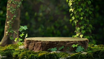 Naklejka premium A forest-themed podium with elements of wood and stone, set in a lush green environment, perfect for eco-friendly product presentations or nature-centric displays
