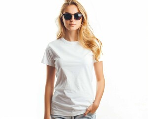 Naklejka premium A mockup of an attractive blond woman wearing a white blank t-shirt