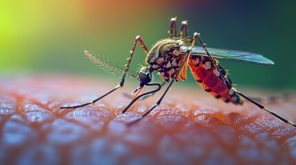 A close-up reveals a mosquito on human skin, its delicate proboscis poised for a blood meal - obrazy, fototapety, plakaty