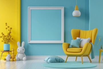 Scandinavian living room design. Yellow armchair and blue pastel walls.