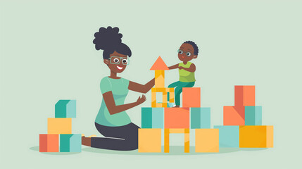 A vector illustration depicts an African American woman building blocks into the shape of a home with her son. The illustration is presented in the style of clip art, featuring a pastel color palette 