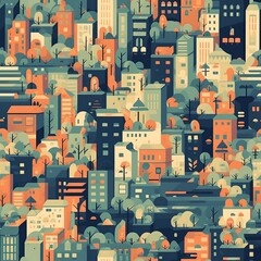 Abstract seamless pattern with buildings. Perfect for fabric, textile, wallpaper, kindergarten.