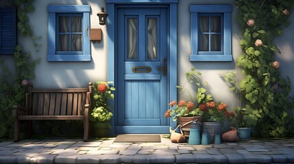 A quaint cottage door painted in a cheerful shade of blue, inviting guests with a warm welcome