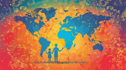 Drawn world map and figure of family on color background