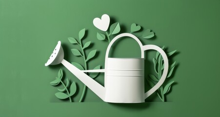 minimalist paper cutout of watering can with heartshaped leaf and green background - obrazy, fototapety, plakaty