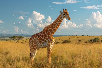 Obraz premium In the warm light of the golden hour, a towering giraffe stands gracefully amidst the open savanna landscape