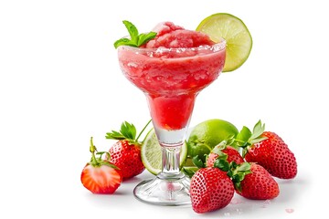 Fruit cocktail. Frozen strawberry daiquiri alcohol cocktail. Isolated on white background. .