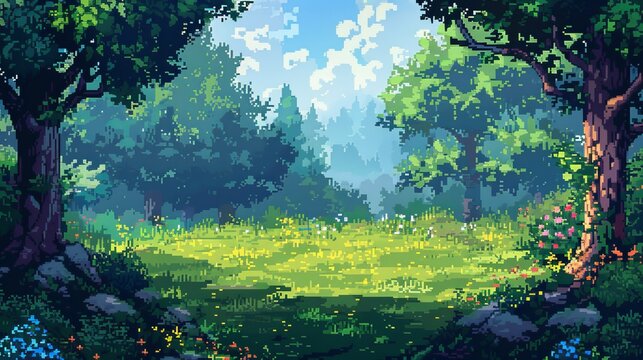 Pixel Art Verdant Forest Meadow with Sunlight Filtering Through, Concept of Peaceful Exploration in Fantasy Role-Playing Games