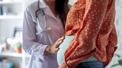 A pregnant woman stands while a doctor in a white coat gently palpates her abdomen, checking the health of her unborn baby during a routine prenatal visit with an obstetrician-gynecologist (OBGYN).