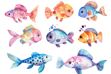 Cartoon_fish_set_vector_with_watercolor_patterns_transparent background