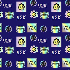 2000s pattern with hologram stickers, smiling, quotes and shining shapes. y2k elements seamless pattern or background. Futuristic retro design.