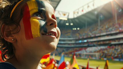Obraz premium Joyful Young Fan with Painted Face Cheering at a Crowded Soccer Stadium