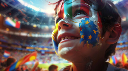 Joyful Young Fan with Painted Face Cheering at a Crowded Soccer Stadium