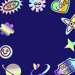 Y2k blur gradient, 2000s background with hologram, vector futuristic banner, trendy chrome shapes. Abstract aesthetic retro banner, silver heart and stars, 2000s frame or Y2k background