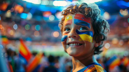Obraz premium Joyful Young Fan with Painted Face Cheering at a Crowded Soccer Stadium