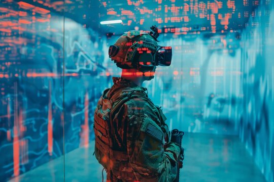 A soldier stands within a fully immersive virtual reality chamber, their body movements tracked by a complex network of sensors. They navigate a simulated battlefield, their virtual weapon feeling eer