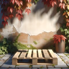 Pallet for Product Display with Summer Leaves and Rustic Wall Backdrop - obrazy, fototapety, plakaty