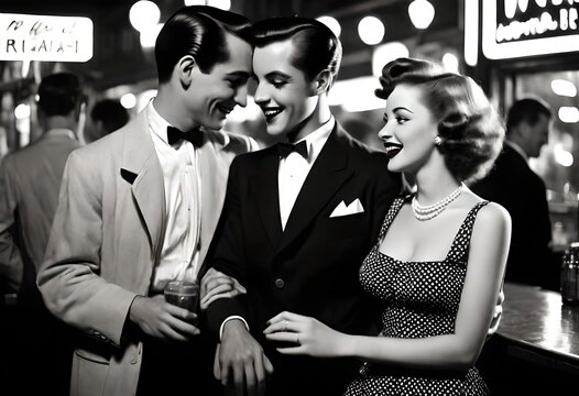 vintage black and white photo of a happy stylish  young throuple poly polyamorous threesome
