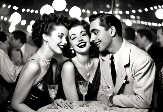vintage black and white photo of a happy stylish  young throuple poly polyamorous threesome
