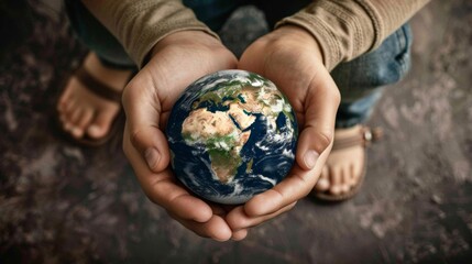 The hands of an adult and child holding the planet Earth together, symbolizing global environmental protection and sustainability.