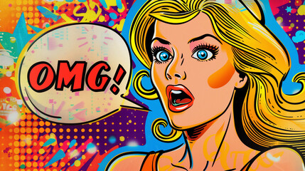 A depiction of a blonde woman with an excited expression in the comic book style, accompanied by a speech bubble containing the bold text "OMG!". The colorful and vibrant background adds to the energy