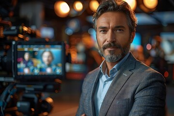 Obraz premium Confident mature man in smart attire posing in front of a professional broadcast camera setup
