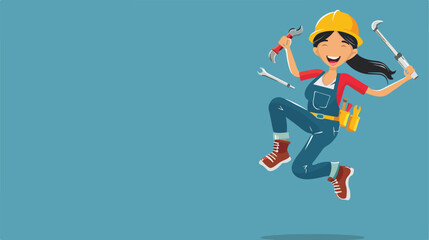 Female Asian plumber with tools jumping on blue background