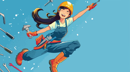 Female Asian plumber with tools jumping on blue background