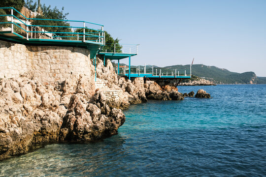 Dining Terraces along rocky seashore in Kas along Mediterranean coast