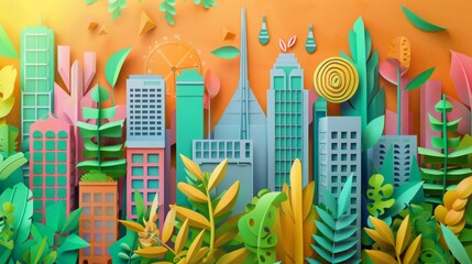 A beautiful illustration of a city with green buildings and lush vegetation, showing a sustainable and harmonious relationship between nature and urban development.