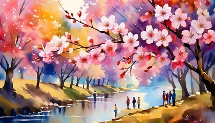 Watercolor painting of cherry blossoms, the concept is very beautiful, with blurred background