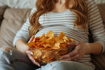 Pregnant woman enjoying junk food, holding a bowl of potato chips on the couch