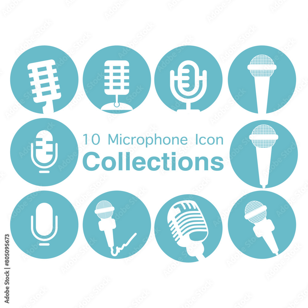 Poster microphone icon set. collection of various microphone icons. press button icon, mic symbol. micropho