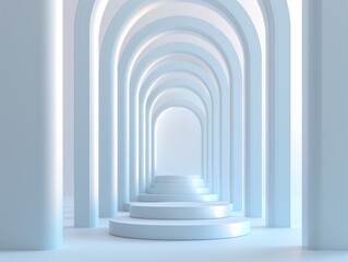 Minimalist serene arches with a calming blue palette leading into a bright vanishing point.